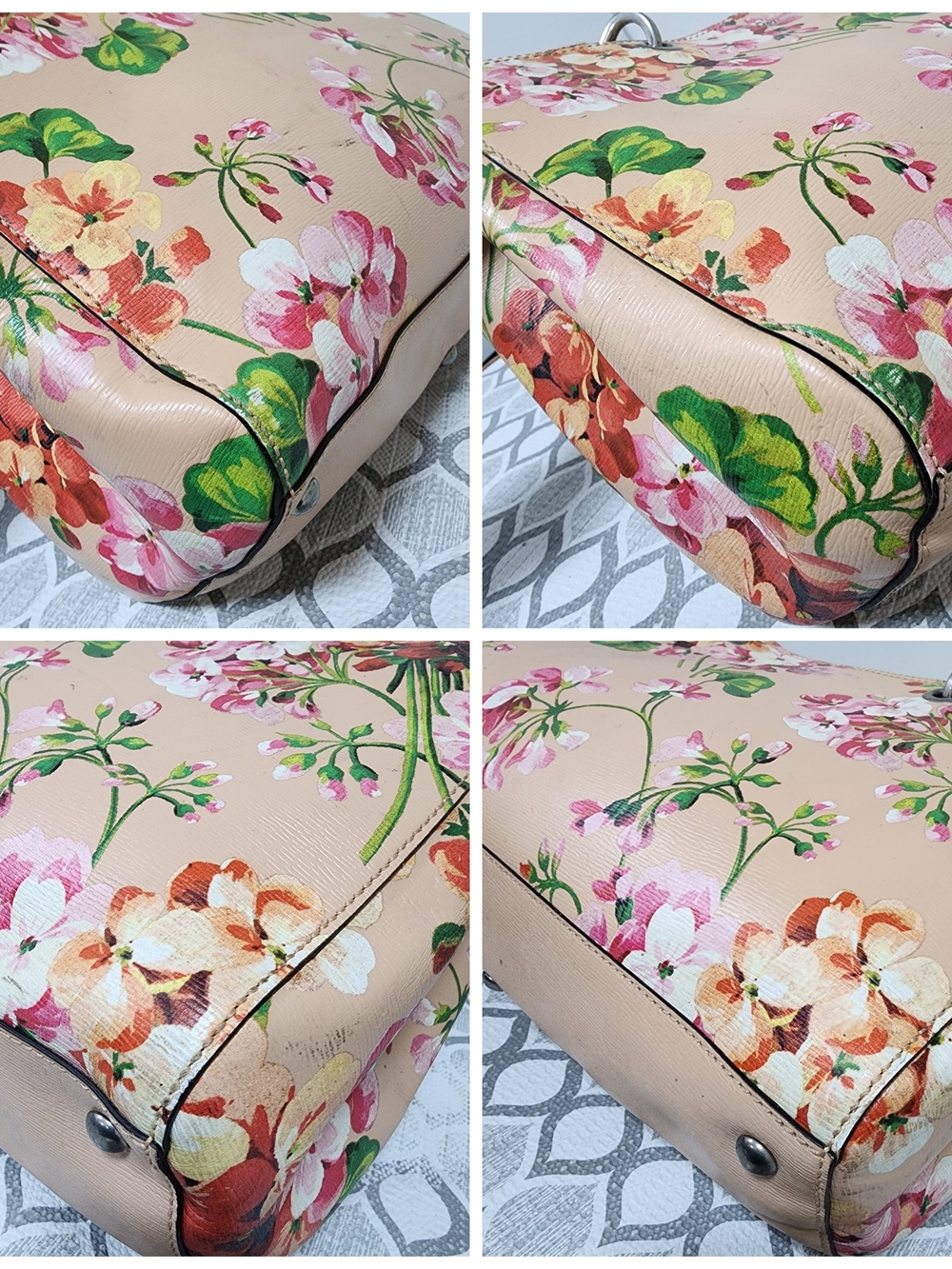 GUCCI Shangai Calfskin Blooms Print Medium Bamboo Shopper Tote Pink/Multicolor - Picture 12 of 14